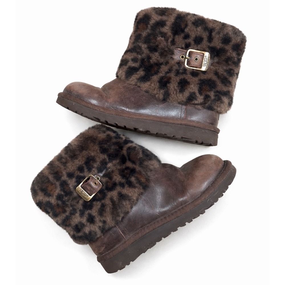 Y2K UGG Australia Brown Leather‎ Leopard Print Fur Cuff Buckle Boots Womens